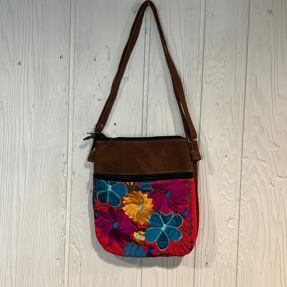 Handbags - Embroidered Crossbody Bag with Two Zipper Pockets